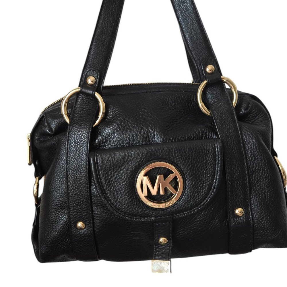 Michael Kors Fulton Black Pebbled Leather Double Handles Zipper Satchel Bag